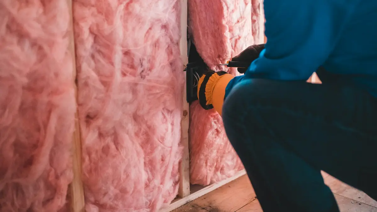 Vakman plaatst glaswolisolatie tussen de regels van een wand