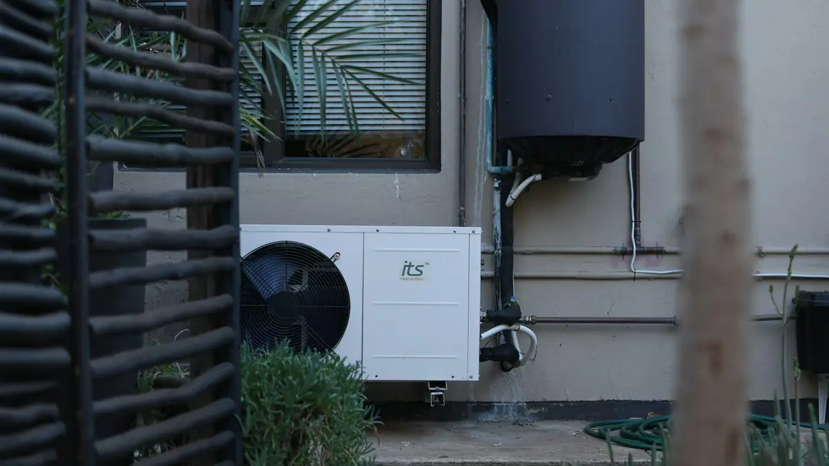 Buitenunit van een lucht-water-warmtepomp in de tuin naast een bakstenen huis